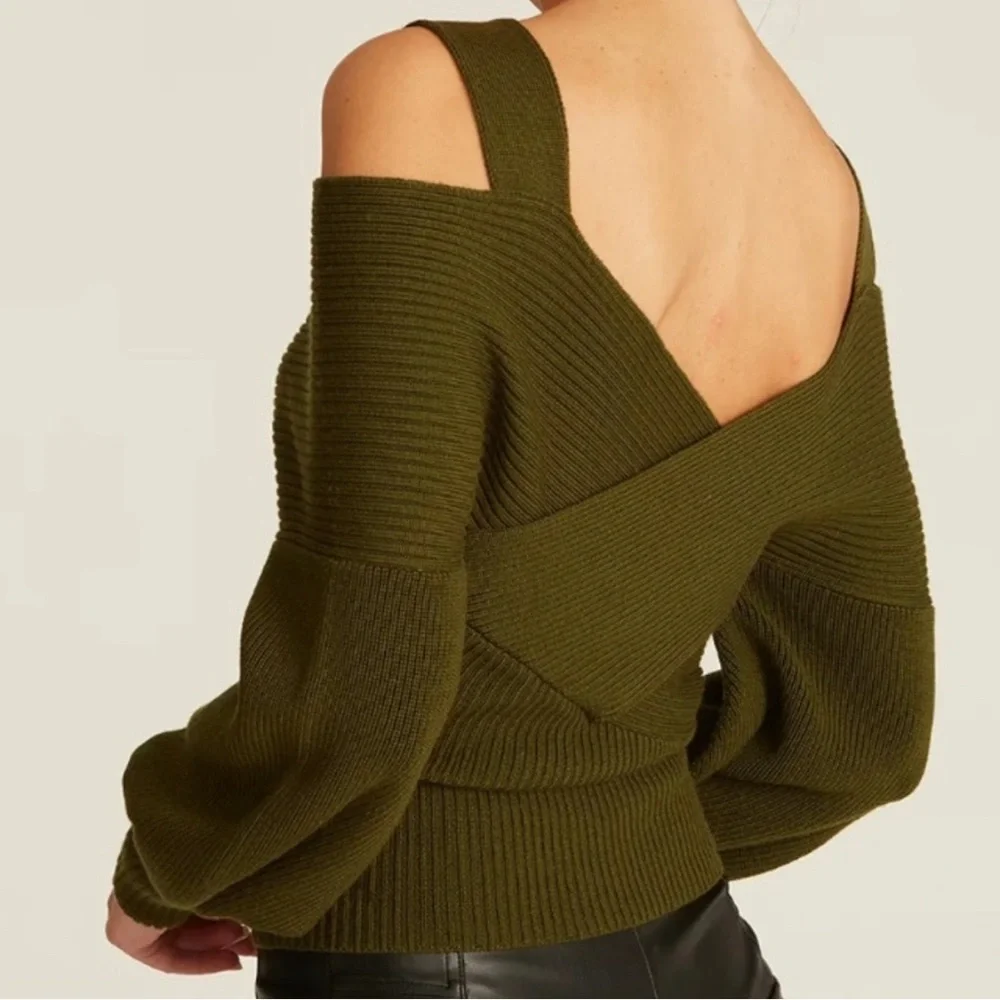 Amur merino wool olive green Violetta cold shoulder sweater - Picture 4 of 13